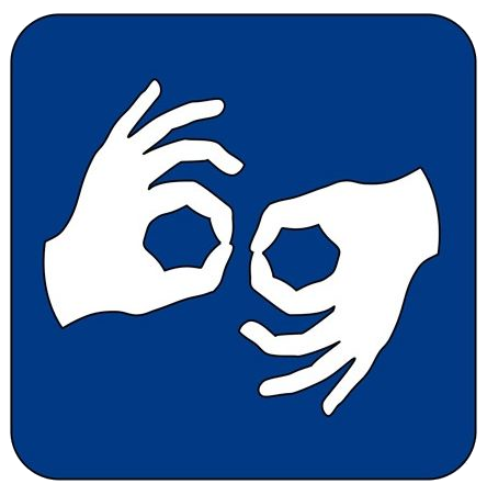 Logotyp przedstawiający białe dłonie ułożone w symbol Języka Migowego na niebieskim tle